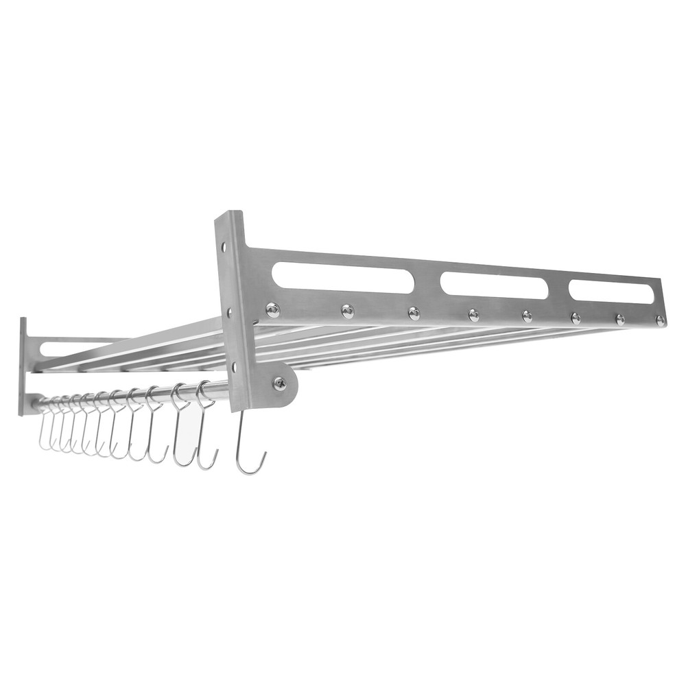 Stainless Steel Wall-Mounted Microwave Oven Shelf w/12 Hooks for Kitchen Storage