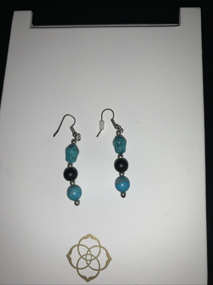 turquoise Dangle Earrings With Black Stone Between Two Turquoise Stones