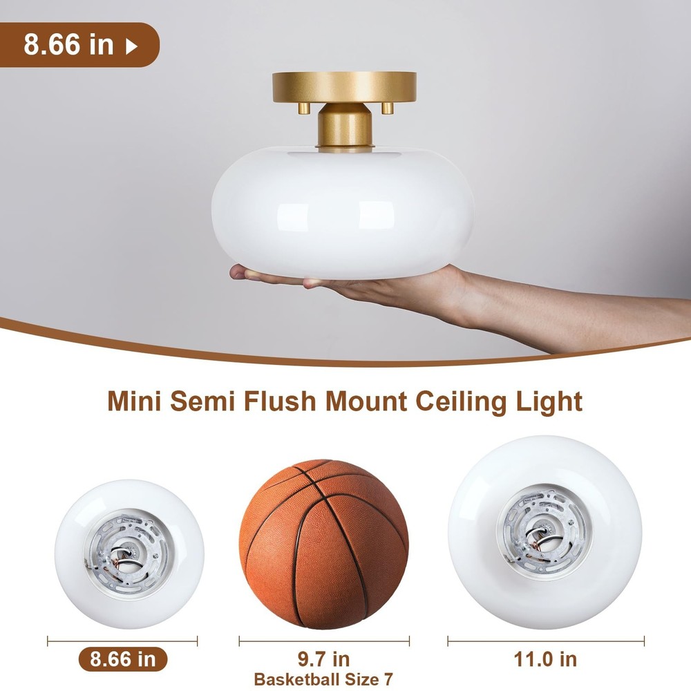 Mid-Century Modern Gold Semi Flush Mount Ceiling Light, Kitchen Ceiling Light...