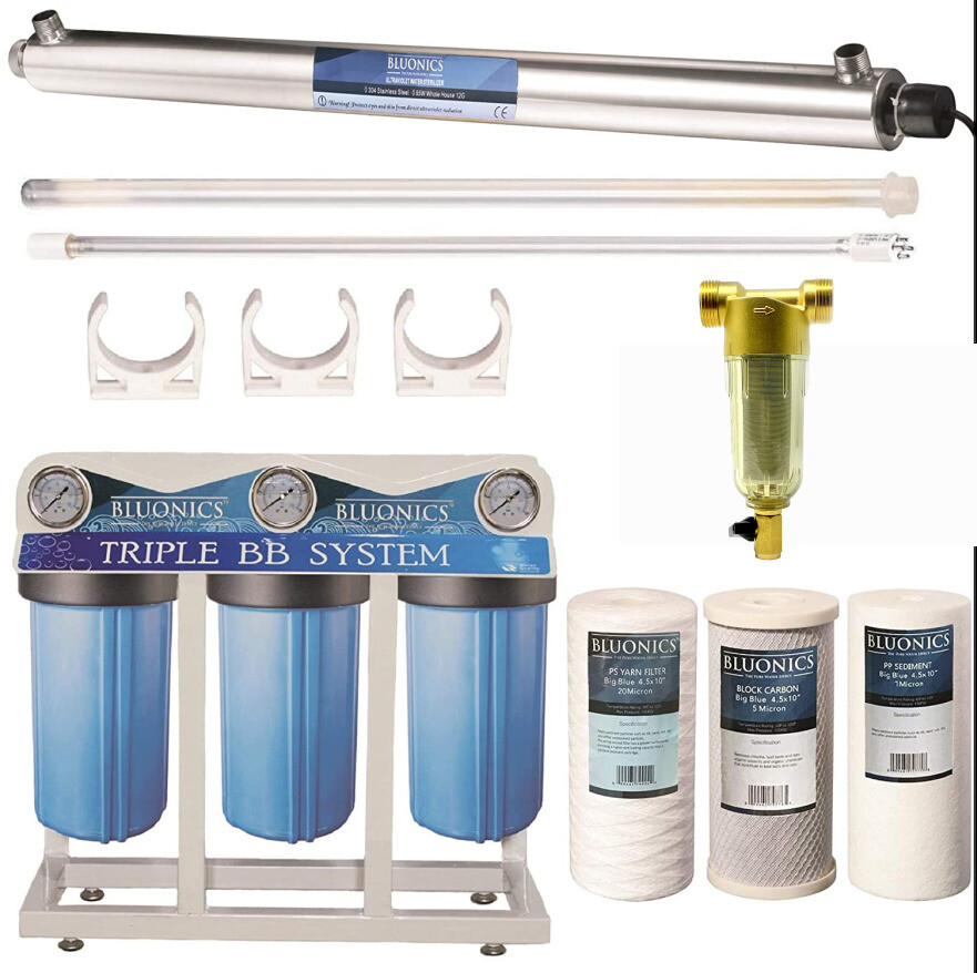 55W UV Well Water Filter System 4.5"x10" w/ Extra Filters BLUONICS
