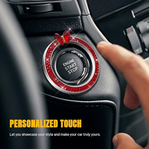 2PCS Bling Car Engine Start Stop Decoration Ring, Push to Start Button Red+Red