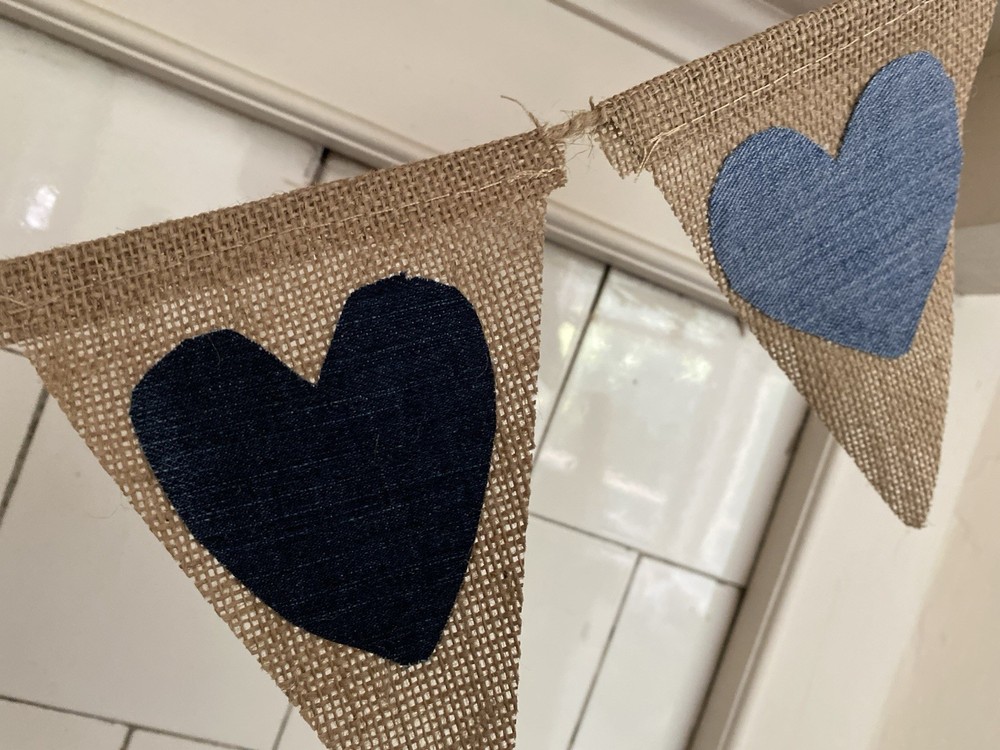 String Pennant Triangles With Denim Hearts Made To Order USA 8-5”x7” PerString