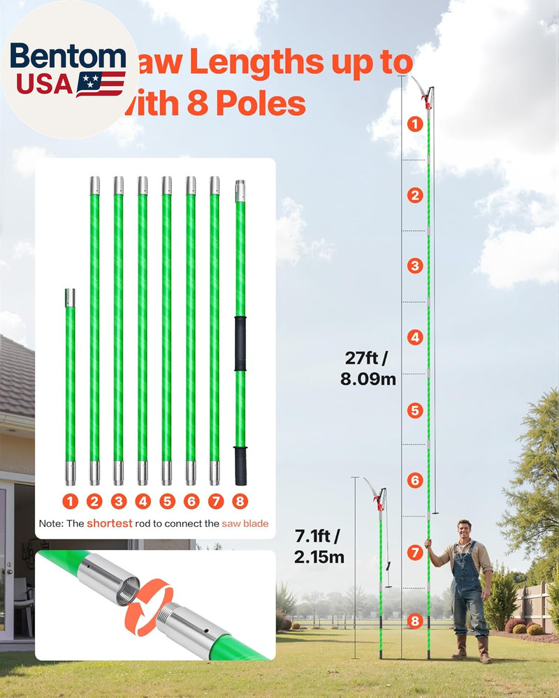 Manual Pole Saw, 3.87-27 Ft Extendable Pole Tree Pruner with Scissors, Sharp 65M