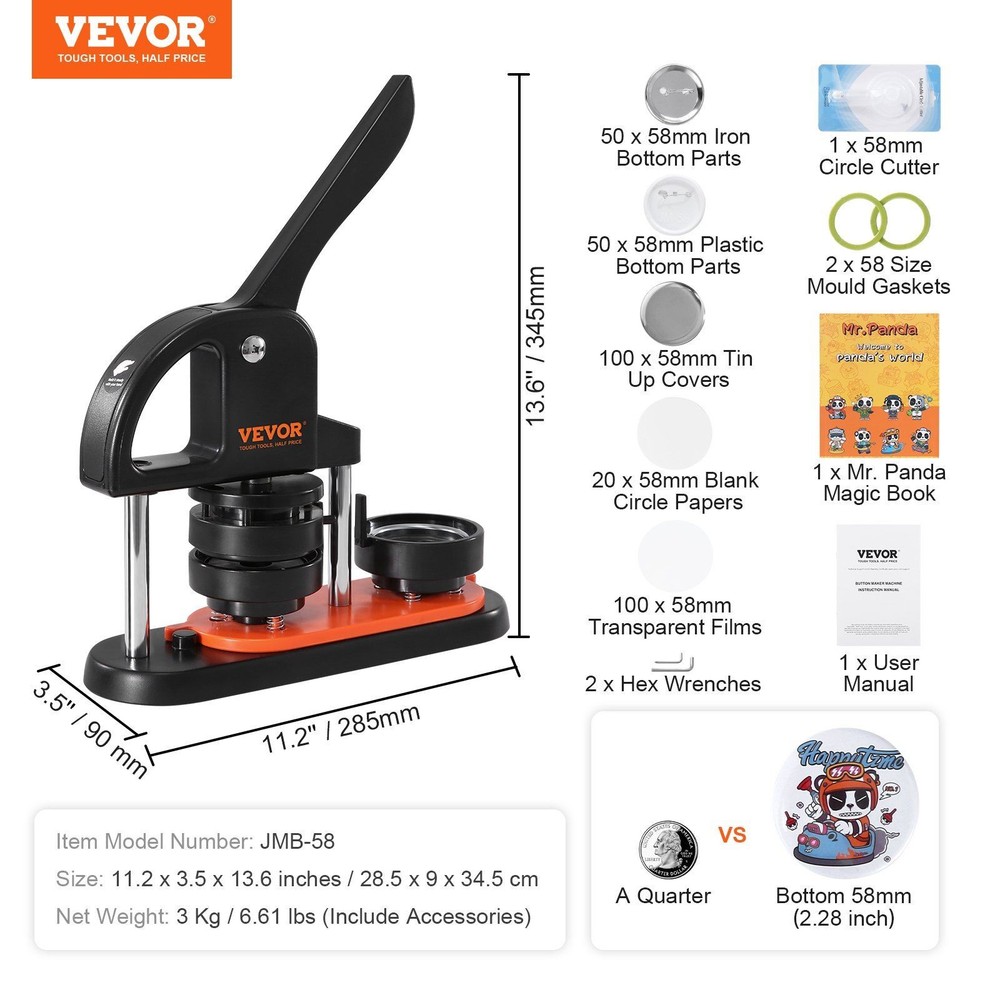 2.28 inch Fun Button Press 58mm with 100 Components Ergonomic Handle Maker Kit