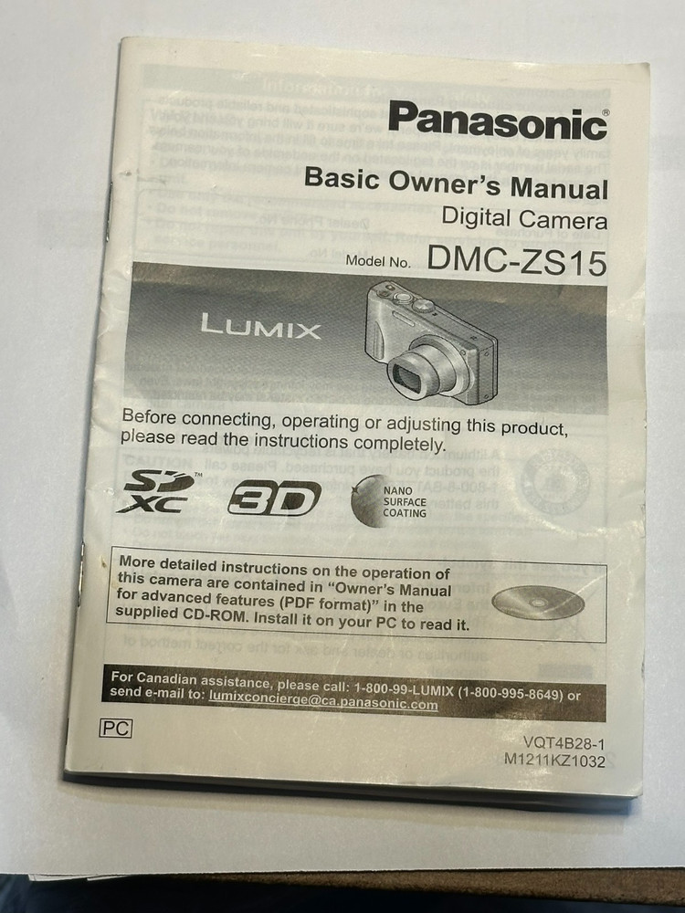 Used Panasonic DMC-ZS15 Digital Camera Digital Basic Owner's Manual