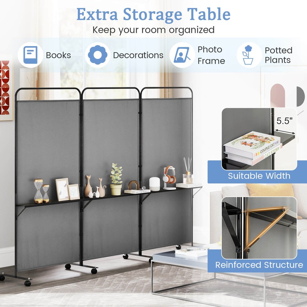 3-Panel Room Divider with Storage Shelves 6FT Tall Folding Privacy Screen on