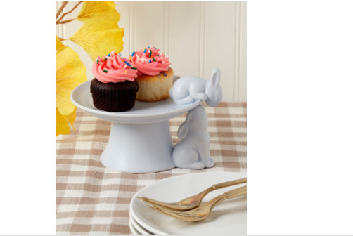 Haven 7.25" Two Figural Easter Bunnies Stoneware Cake Stand white