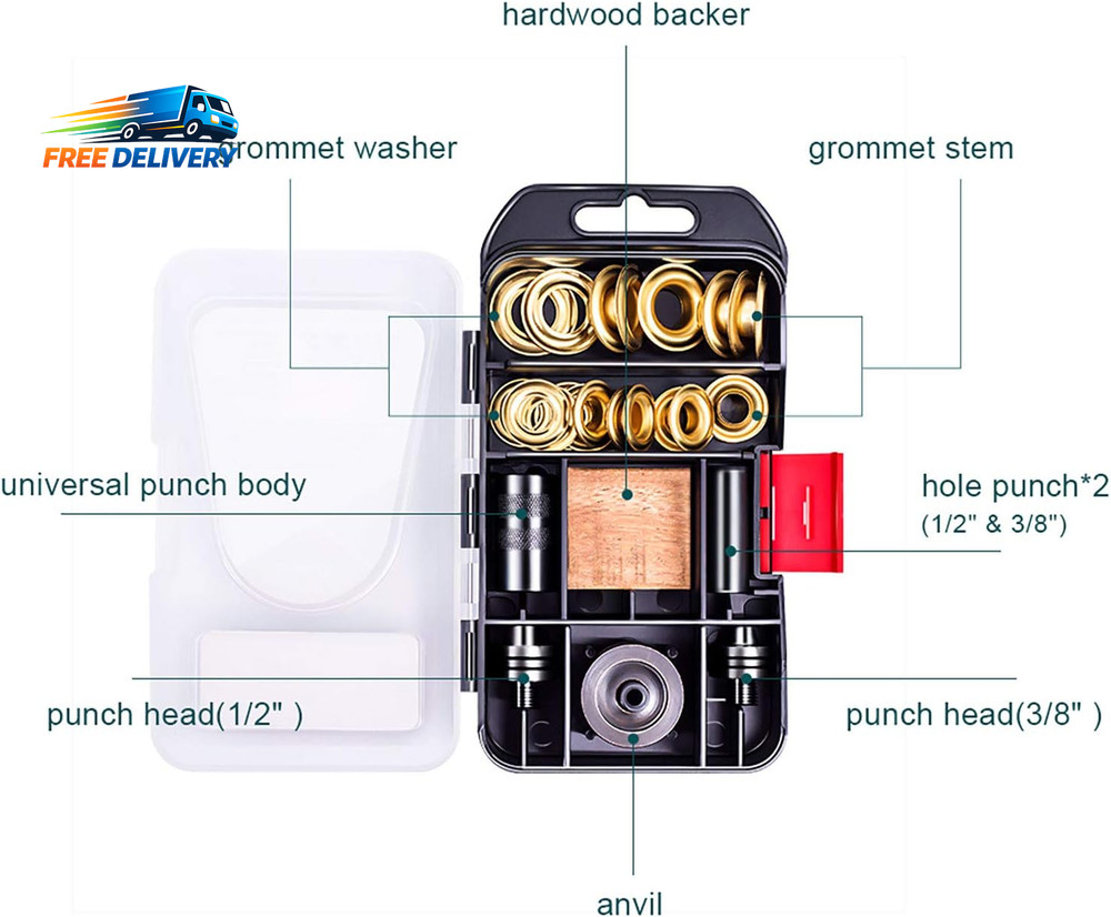 Grommet Kit, 3/8" and 1/2" Solid Brass Grommets with Eyelets Setting Tool and S