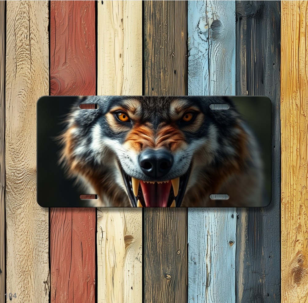 Aggressive Wolf License Plate with Fangs Customizable Auto Tag Unique Gift