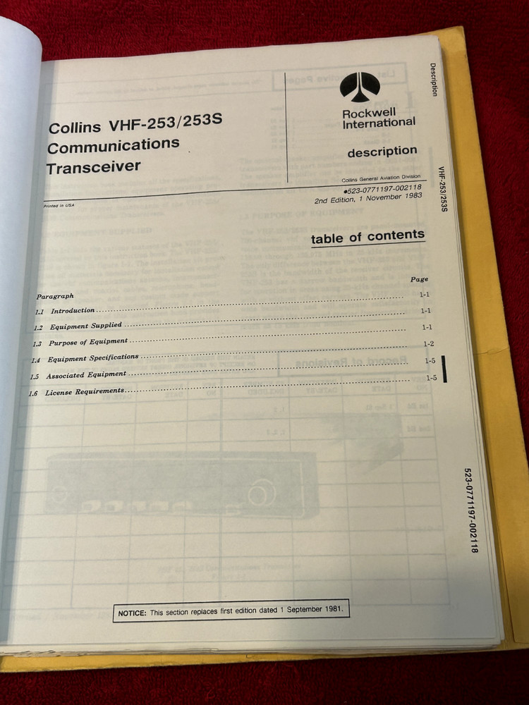 COLLINS VHF 253/253S COMM TRANSCEIVER INSTRUCTION BOOK