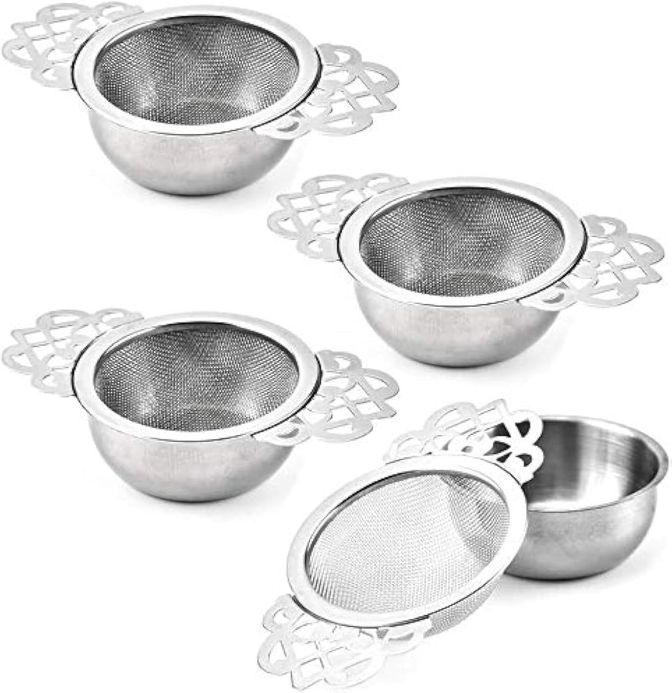4 Set Tea Strainers with Drip Bowls, Loose Leaf Tea Strainers with Double Winged