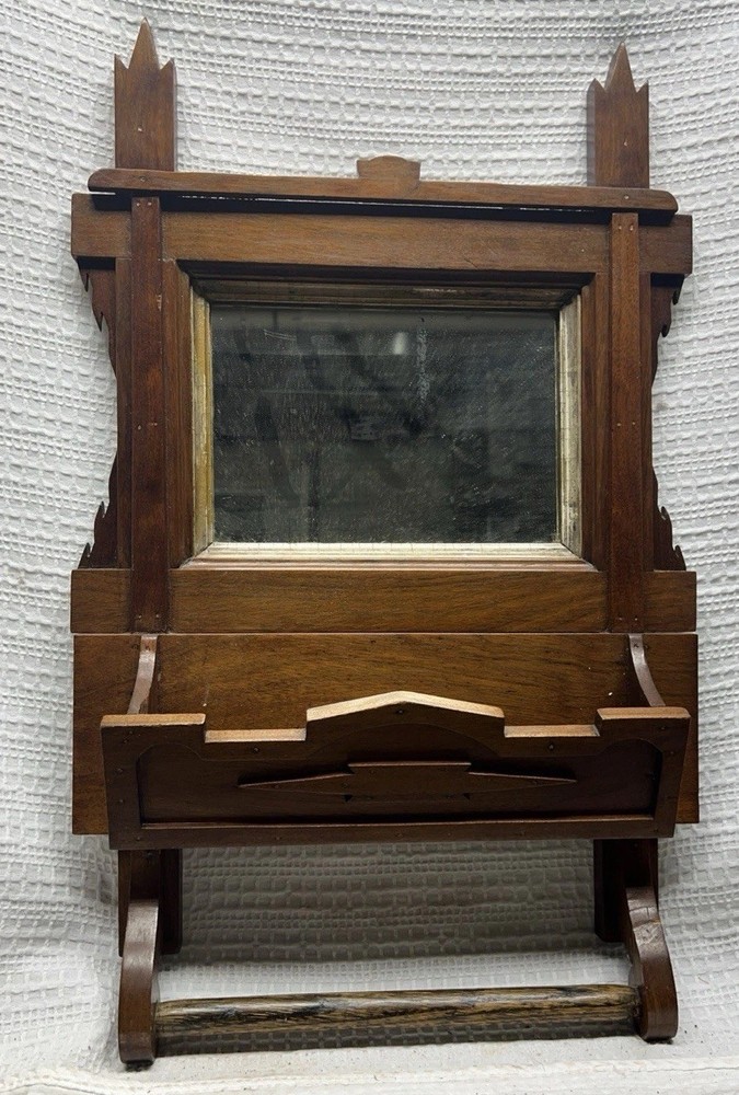 Antique Victorian Walnut Wall Mount Comb Box with  Mirror