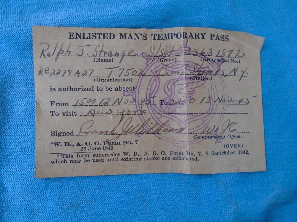 Enlisted mans temporary pass with Transportation Corps stamp