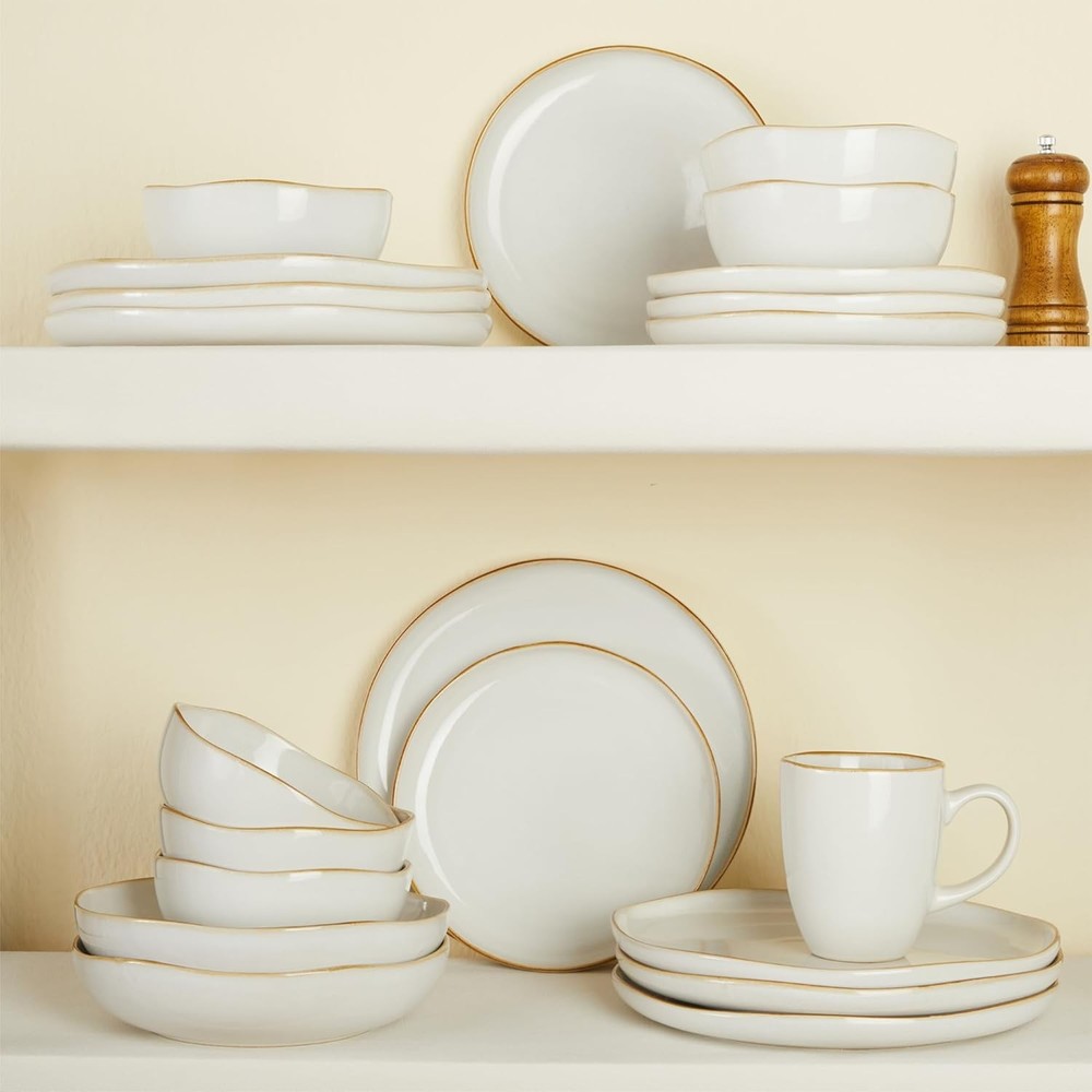 18 Piece White Reactive Glaze Dinnerware Set for 6, Irregular Coastal Shape Ston