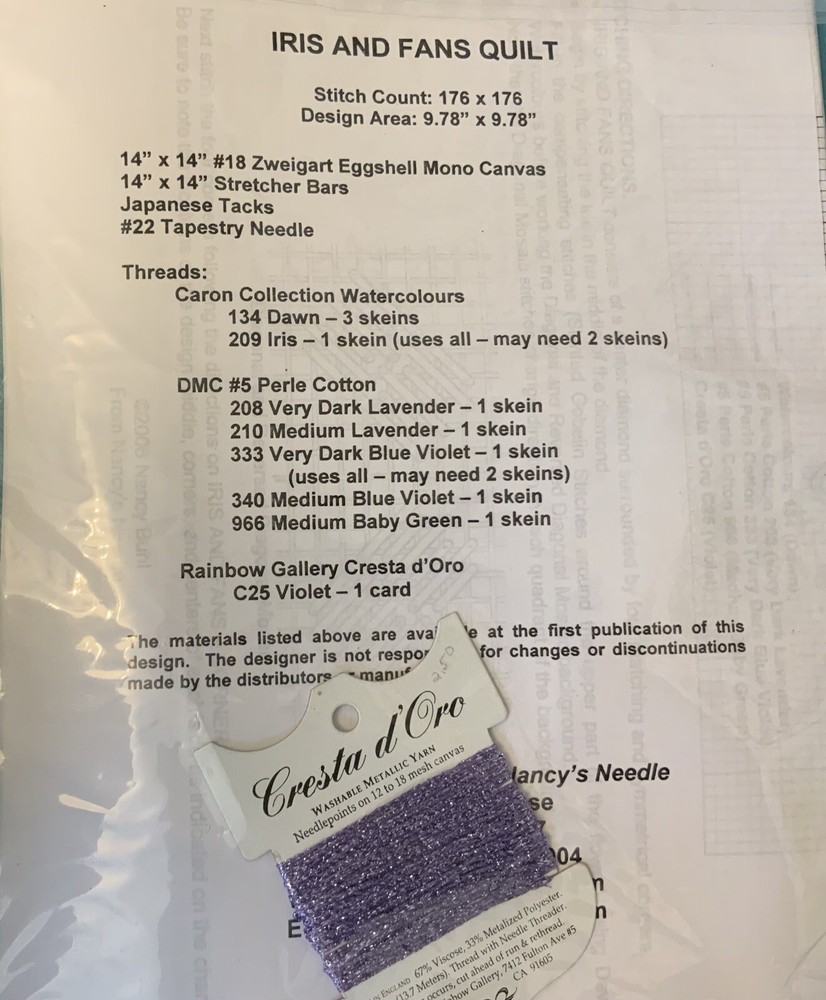 Nancy’s Needle Needlepoint Chart “Iris And Fans Quilt”
