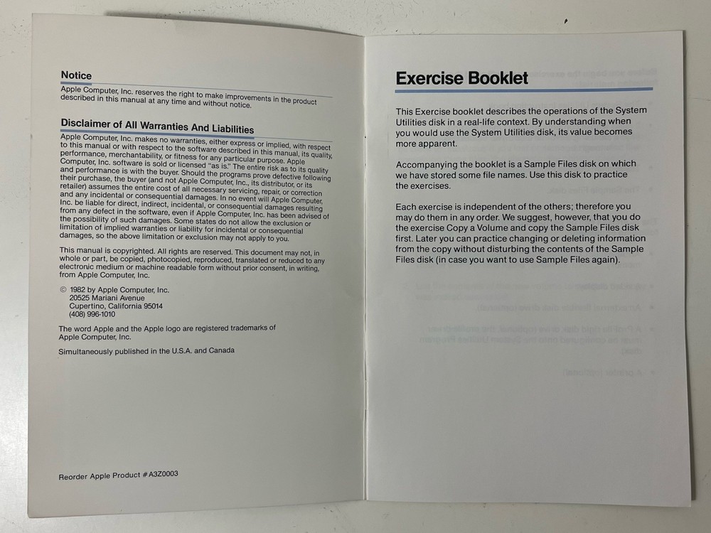 Vintage 1982 Apple III System Utilities Exercise Booklet Apple Computer Inc.