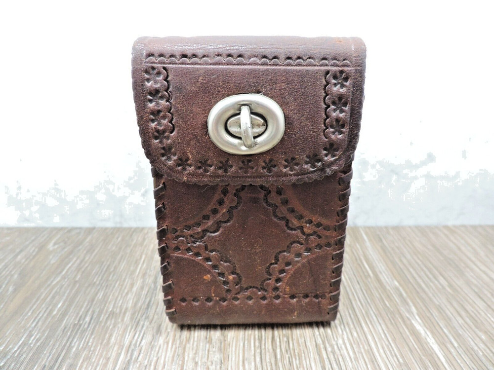Brown Tooled Leather Rectangular Belt Box w/Latch 3"x5"x3"