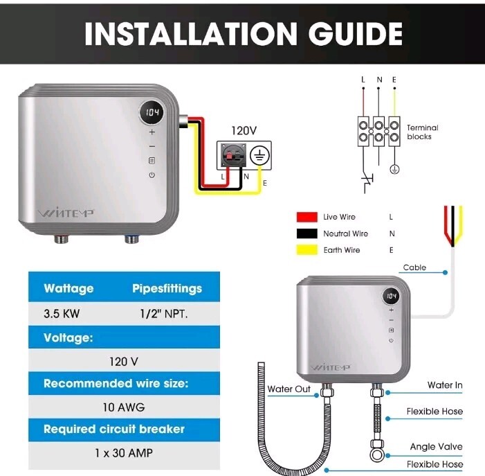 New Wintemp Tankless Electric Water Heater Model KFU135 0.26 GPM 30A
