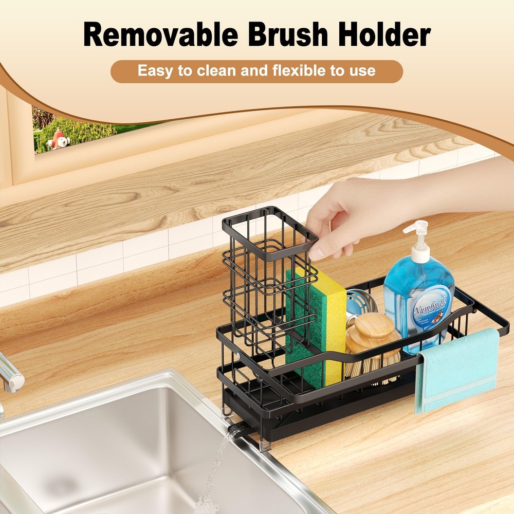 Sponge Holder for Kitchen Sink, Self-draining Sink Organizer with Towel Rack ...