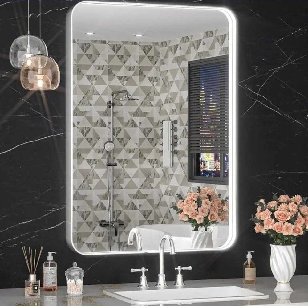 New 16" x 24" LED Bathroom Mirror with Lights, Rounded Rectangle Silver Frame...