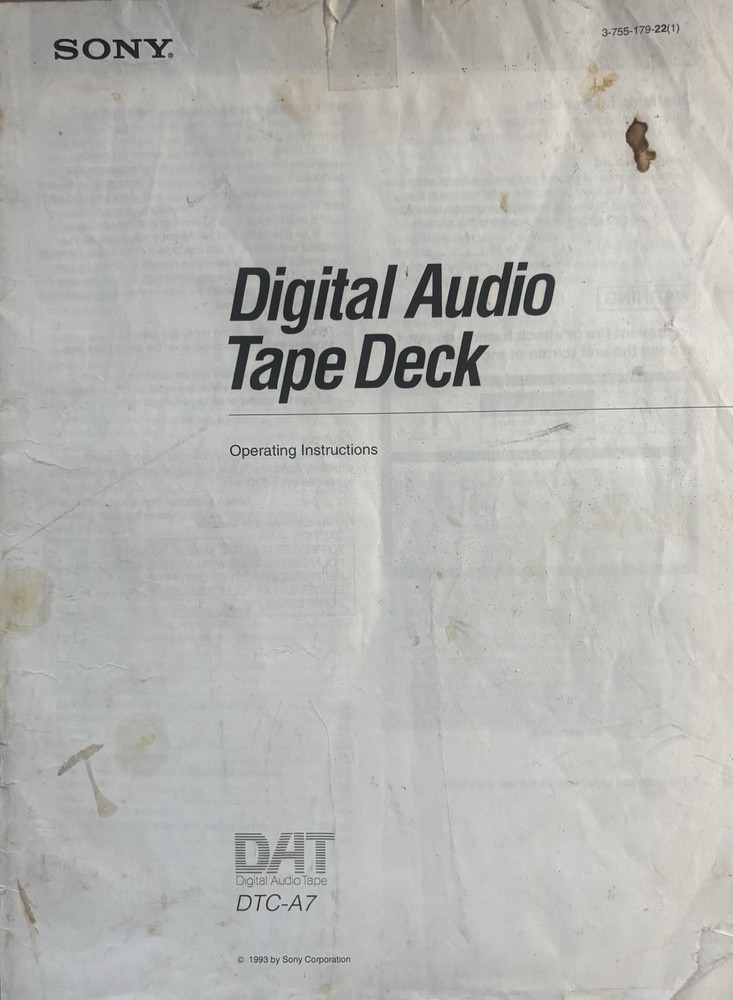 Sony Digital Audio Tape Deck DTC-A7 Operating Instructions Manual