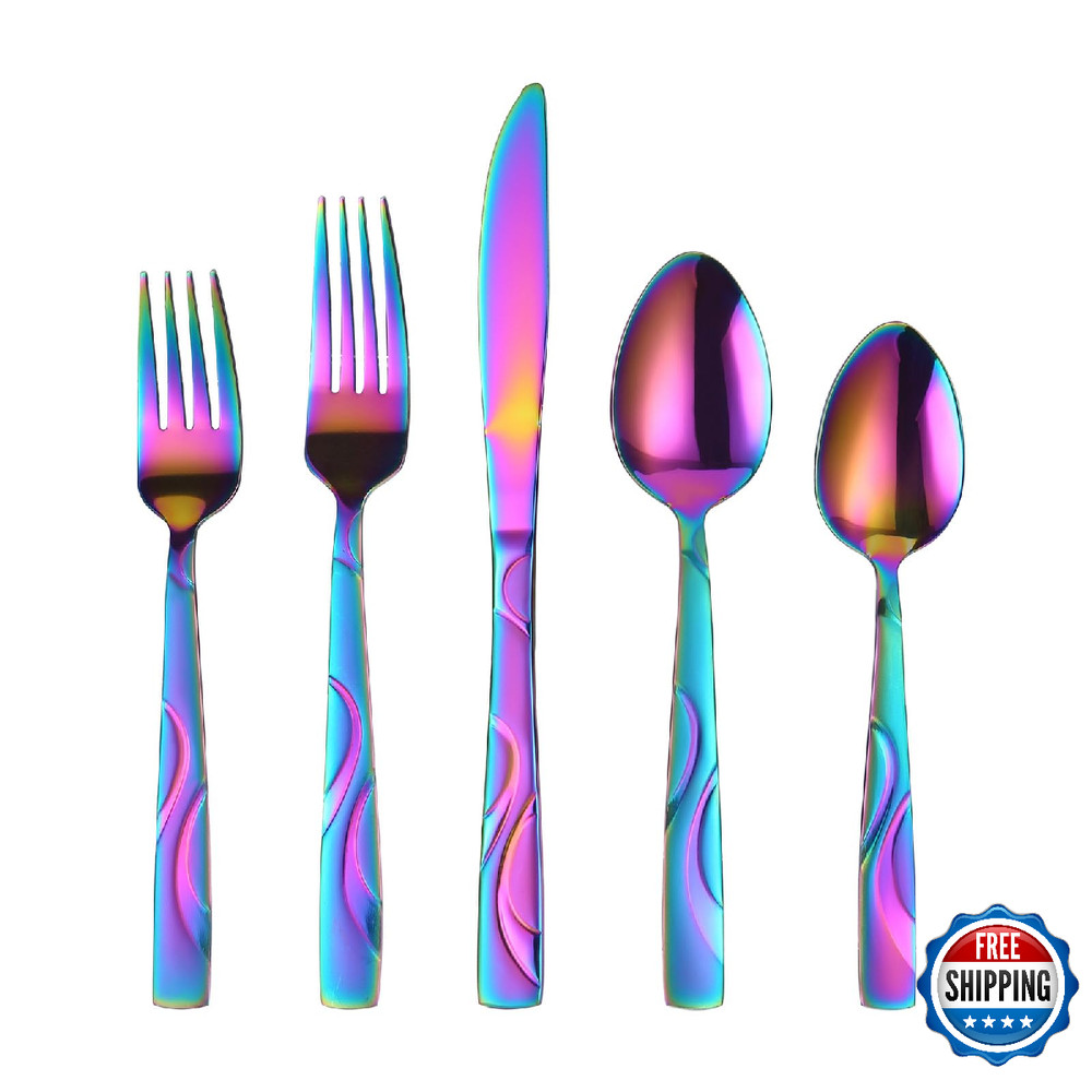 FONGDANLAITE Rainbow Stainless Steel Flatware Set for 6 Ergonomic Silverware Set