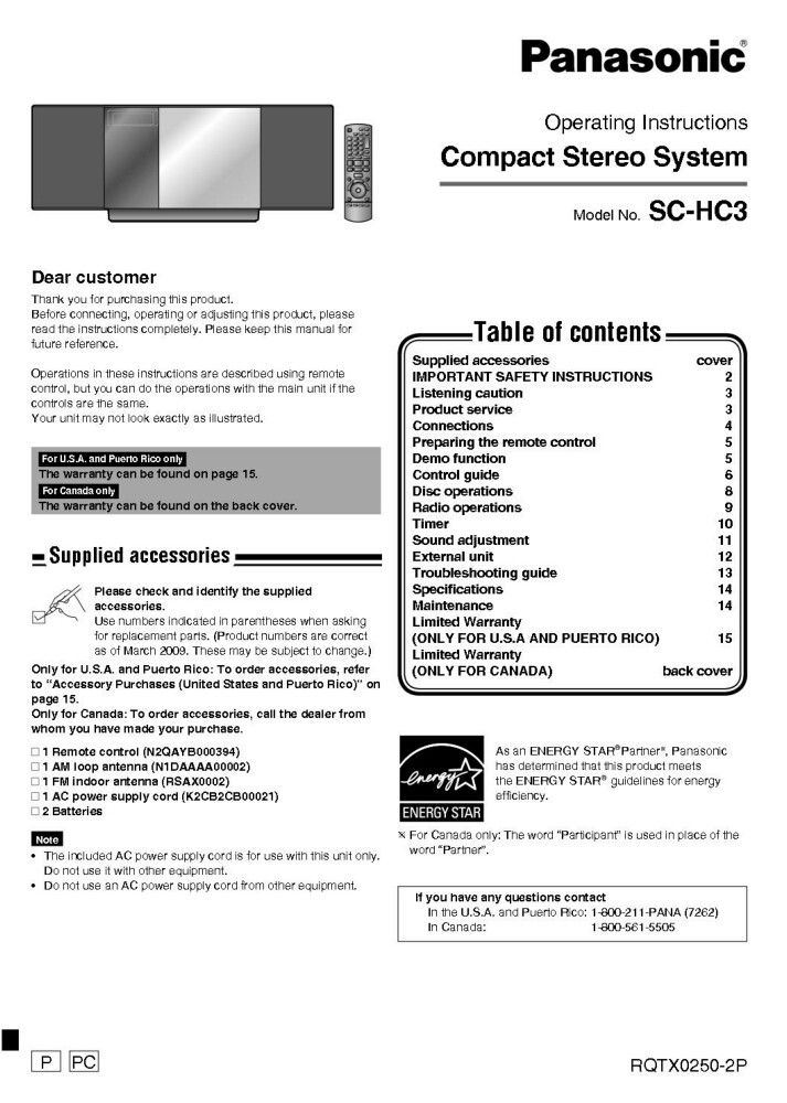 Panasonic SA-HC3 Stereo System Owners Instruction Manual