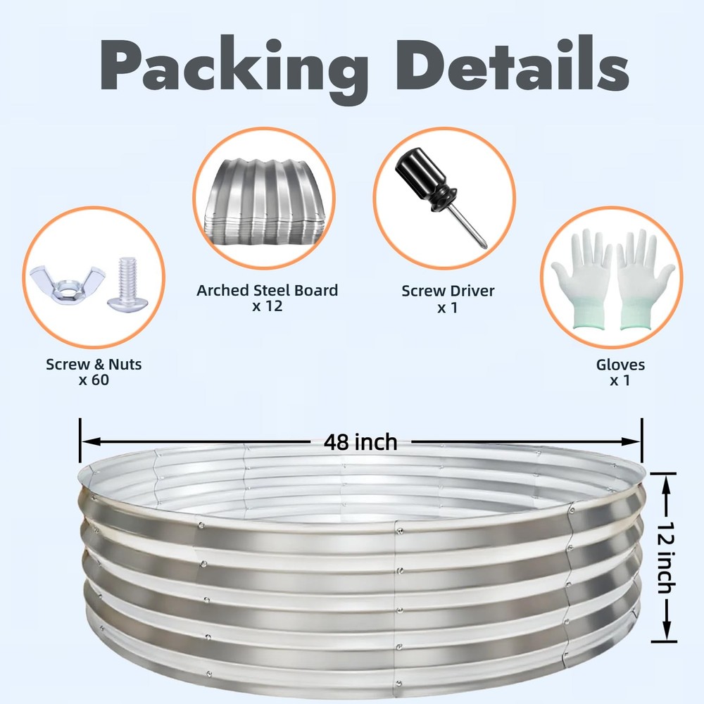 48 Inch Round Galvanized Fire Pit Ring, Durable Steel Bonfire 4FT, Silver