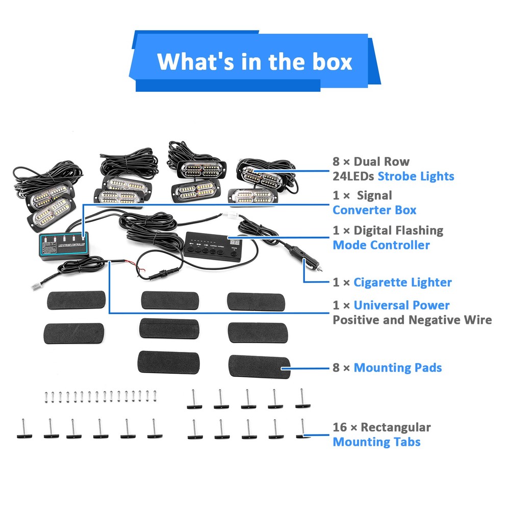 8Pcs 24 LED Strobe Lights Kit Grille Side Marker Emergency Warning w/ Control