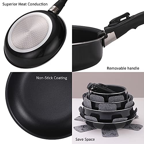 16 Pieces Kitchen Removable Handle Cookware Sets, Stackable Pots and 16 pcs