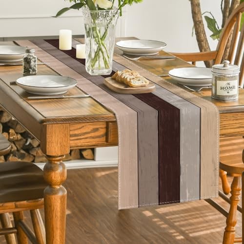 Retro Rustic Wood Texture Table Runner, Seasonal 13" x 72", Table Runner Brown