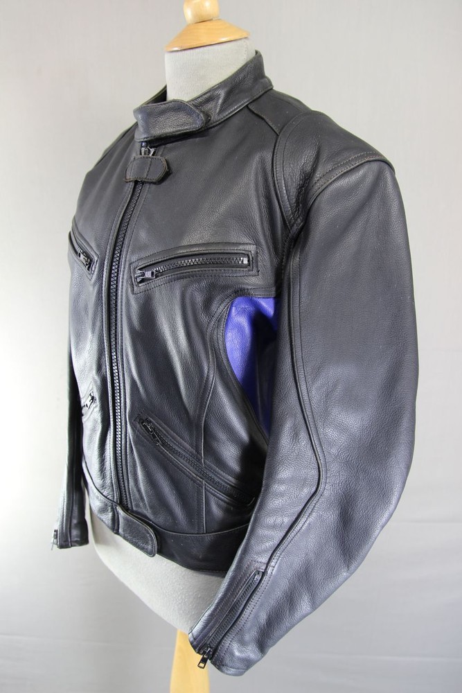 RIDER BLACK & BLUE LEATHER BIKER JACKET SIZE 12