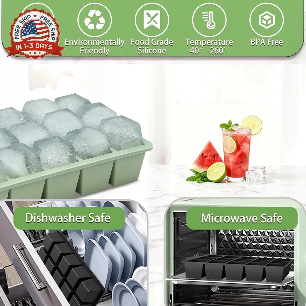 Ice Cube Trays for Freezer, 2 Pack Easy Release Slicone Ice Cube Tray with Lid,