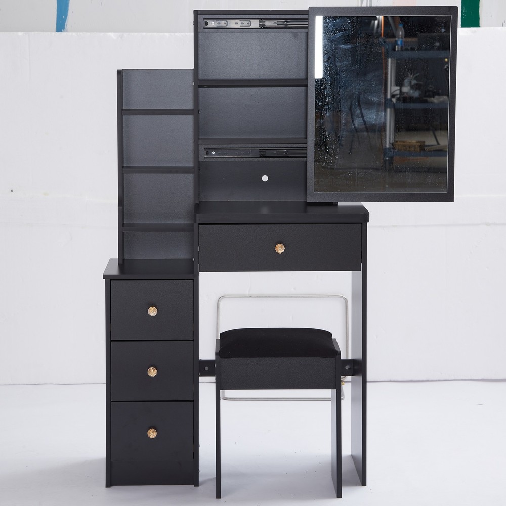 29.2" Small Space Left Bedside Cabinet Vanity Table + Cushioned Stool, Extra Lar
