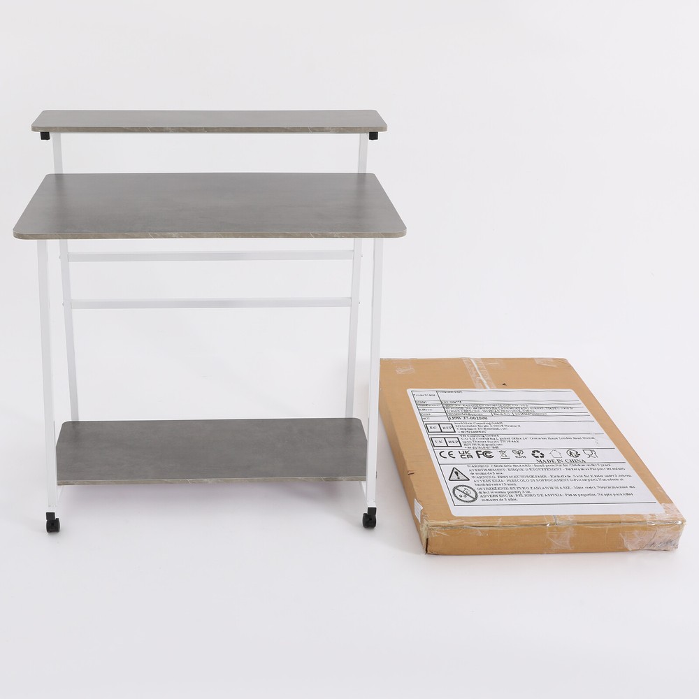 3-tier Rolling Computer Desk Capacity 55kg Modern Home Office Desk White Grey