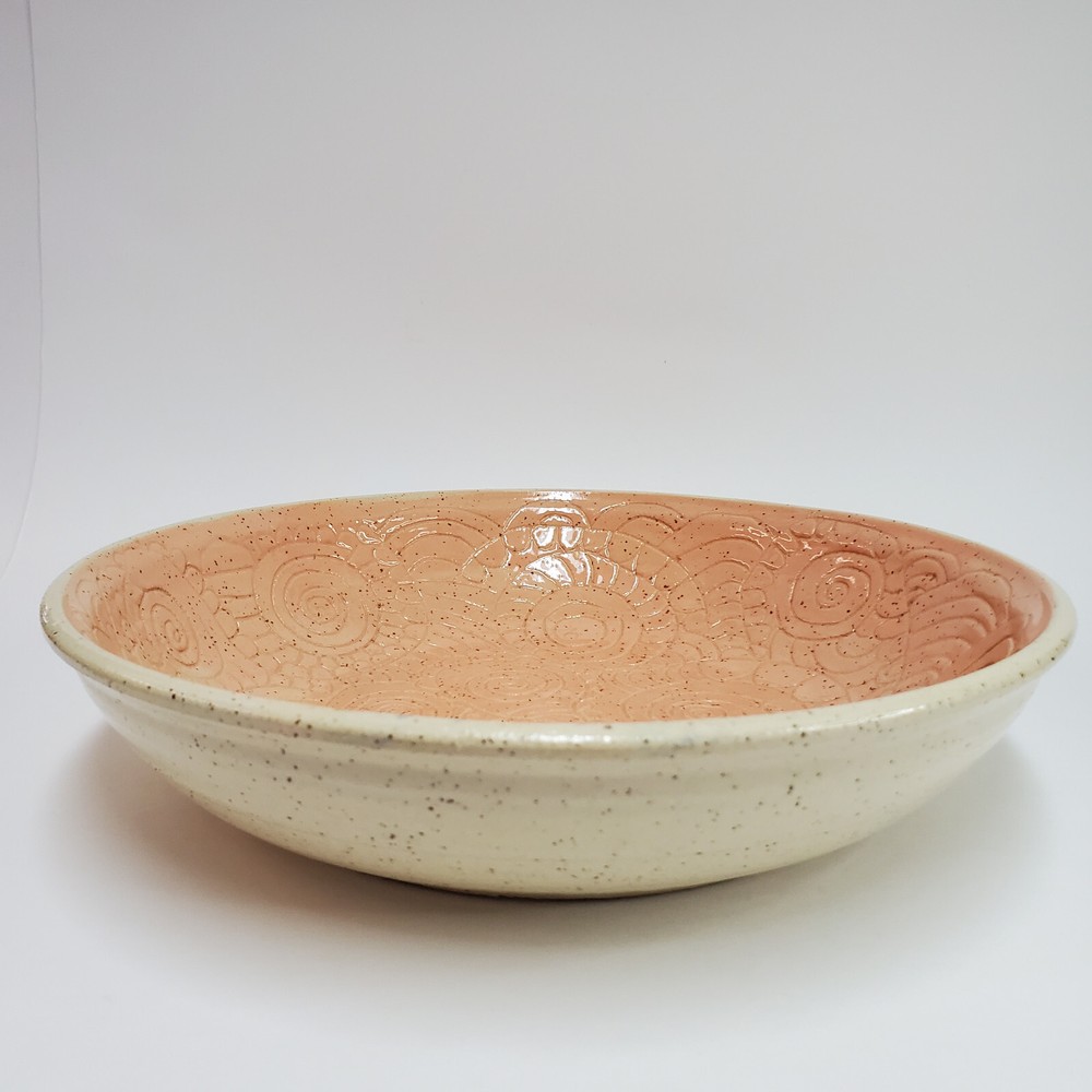 Signed Large Peach Studio Art Ceramic Bowl with Engraved Circle Pattern