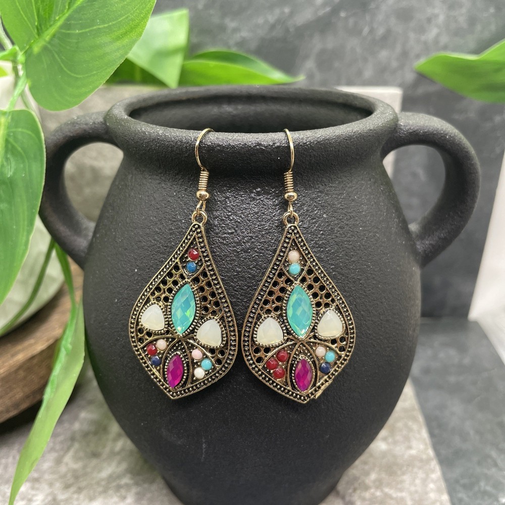 2” Gold-tone Boho Bead Retro Earring Set Drop Dangle New Free Ship B6497