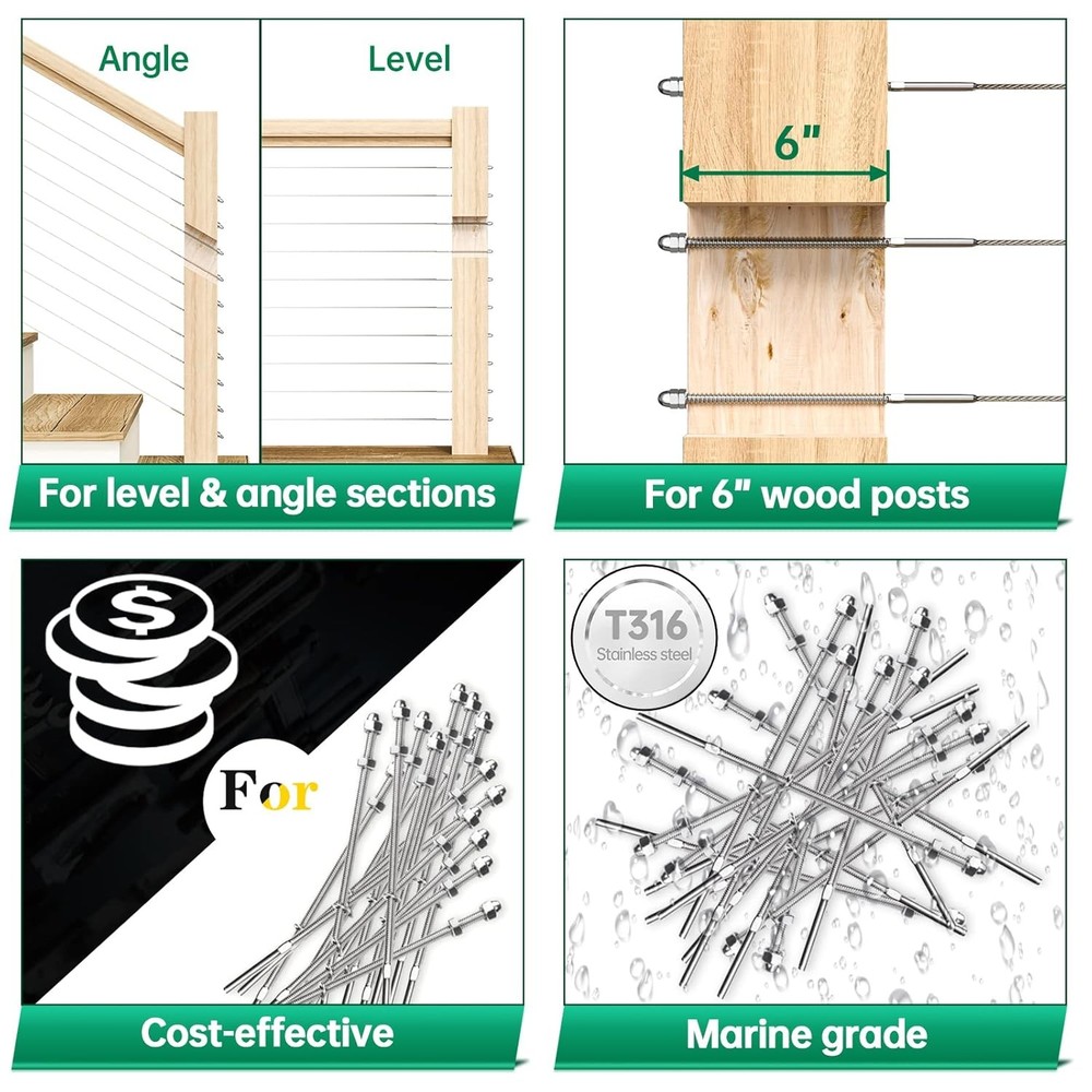 Muzata 10 Pack 1/8" Cable Railing Hardware Kit Hand For 6x6 Post, Silver