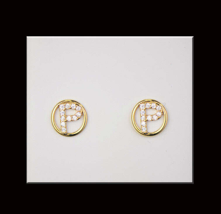 14k Yellow or White Gold Round Initial Letters CZ Stud Earrings