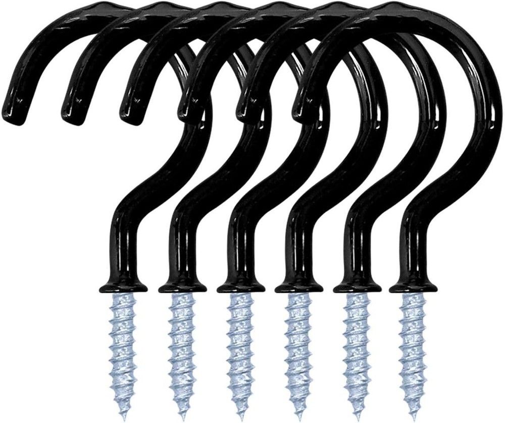 Multi-Functional Screw-In Ceiling and Wall Hooks - 12 Black Vinyl Coated Hooks