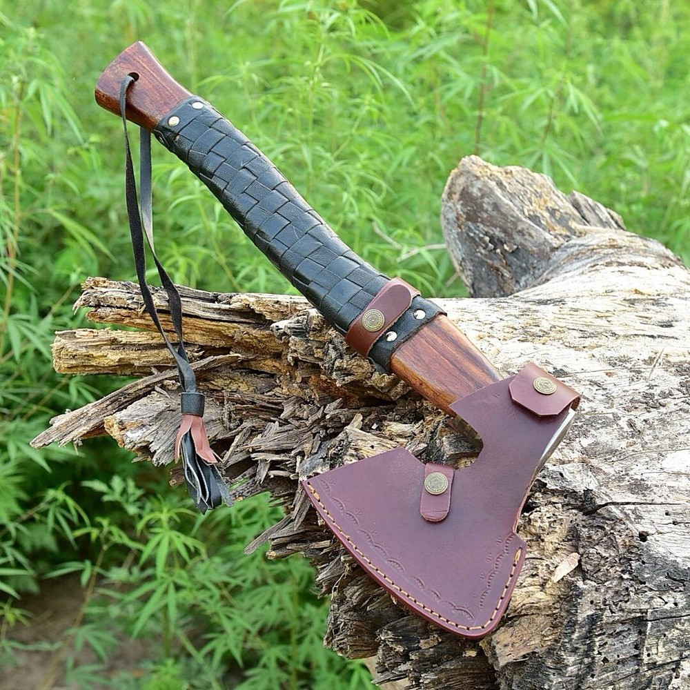 Tomahawk , Hatchet , Axe , Viking Throwing Axe Etching Head Leather Wrap Handle