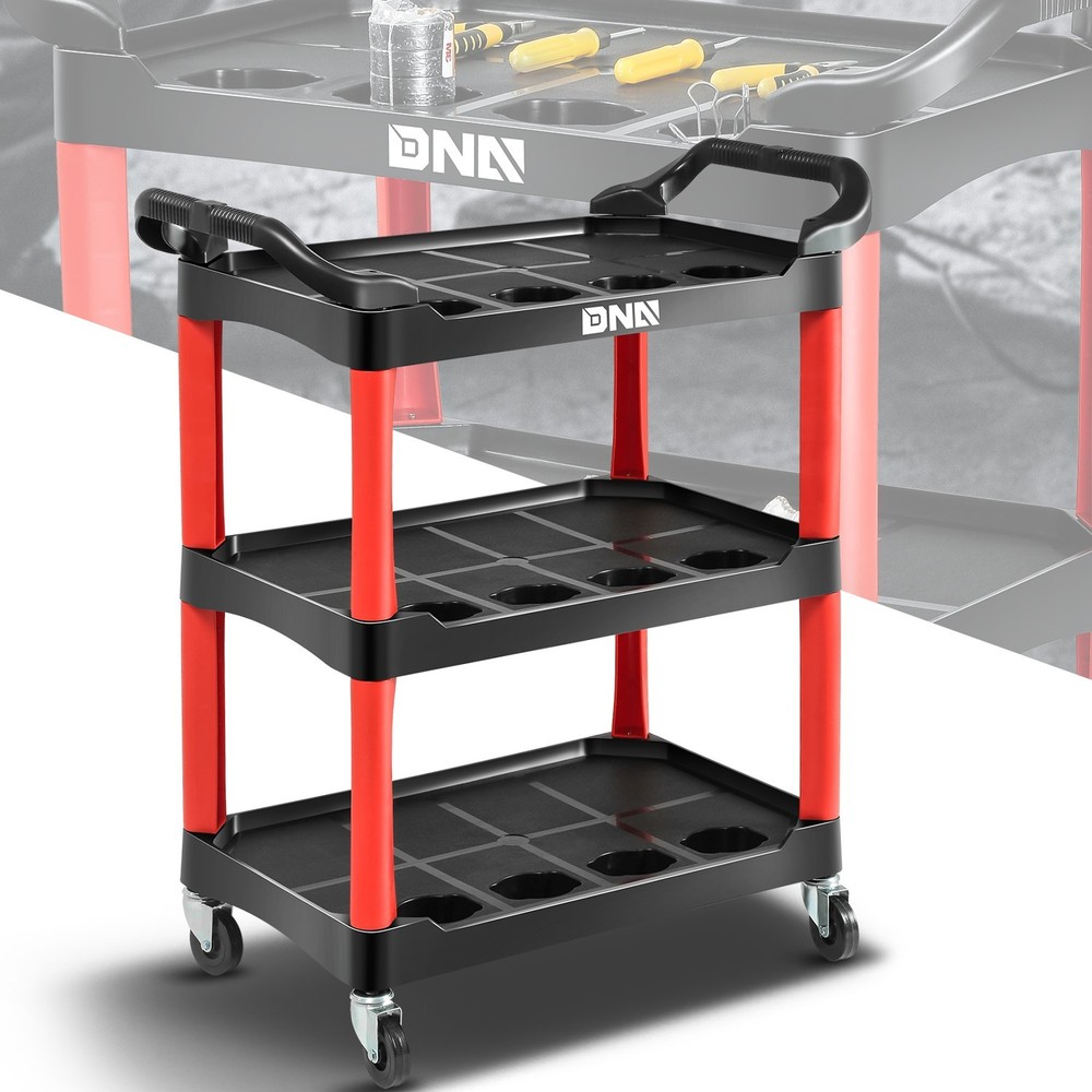 Red 3 Level Composite Workshop Tools Trolley+Casters for Warehouse Garage Office
