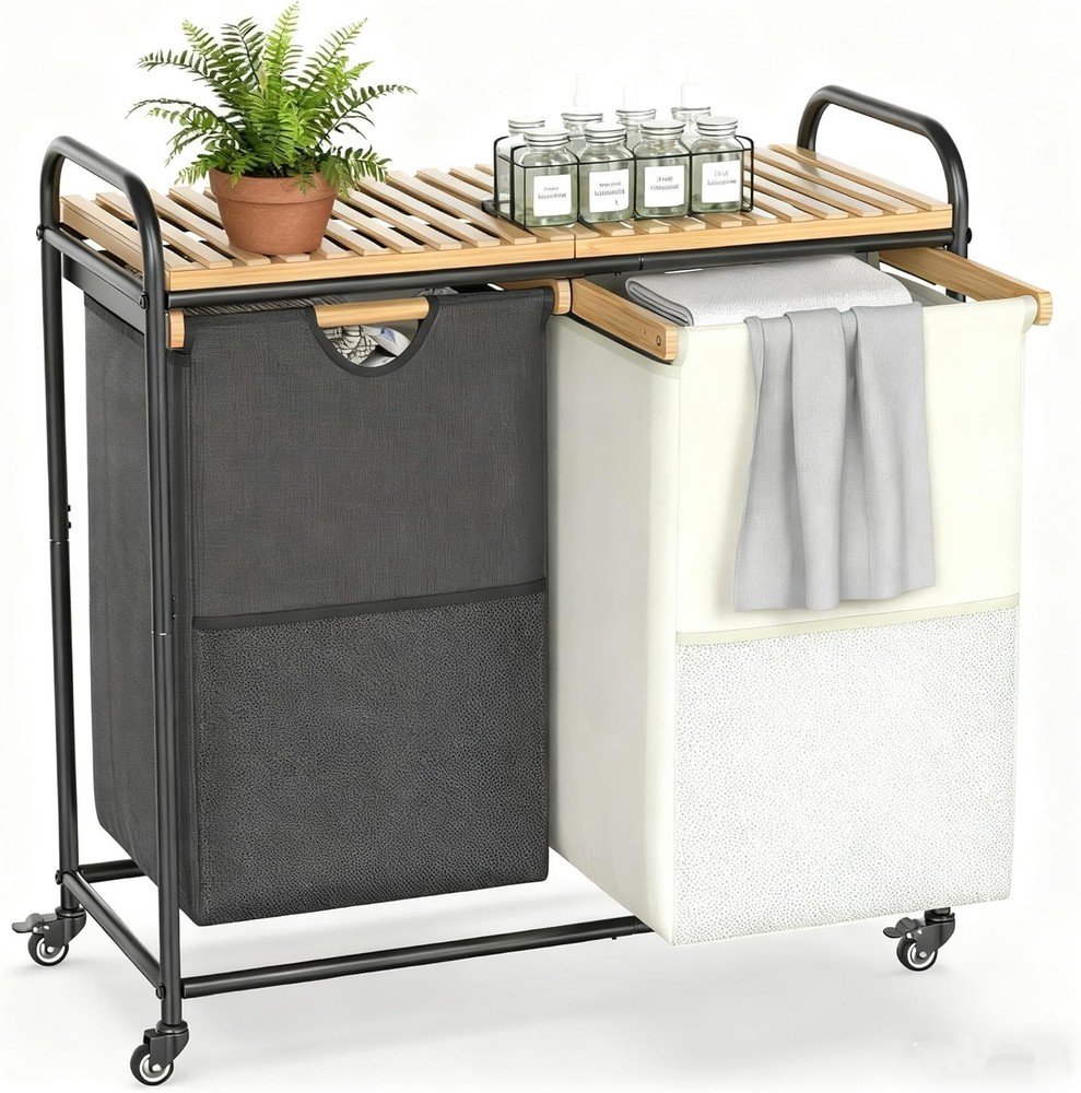 Laundry Sorter 2 Section Laundry Hampers W/ Removable Shelf & Pull-Out Bags