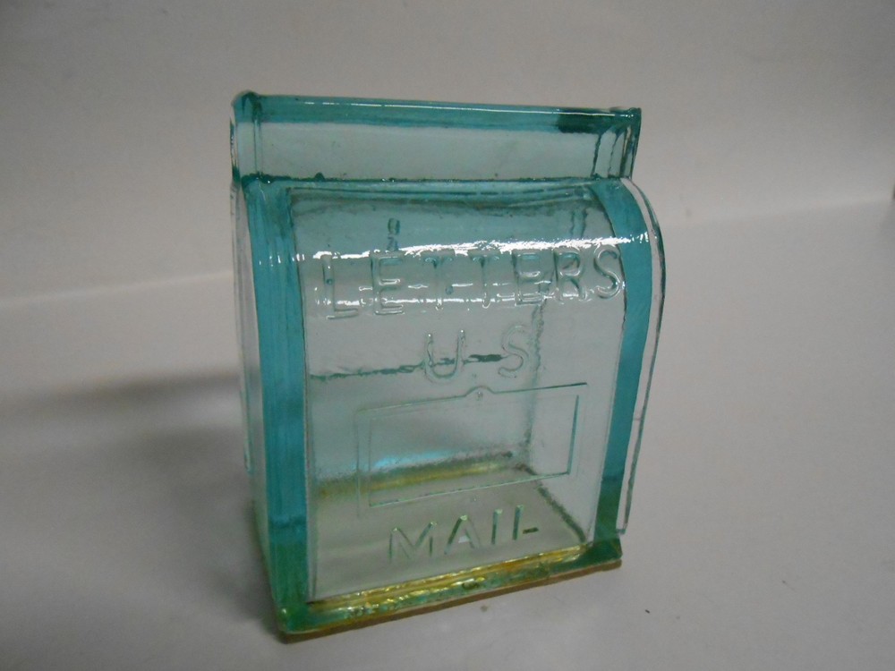 Glass LETTERS US Mailbox Candy Container Aqua Blue