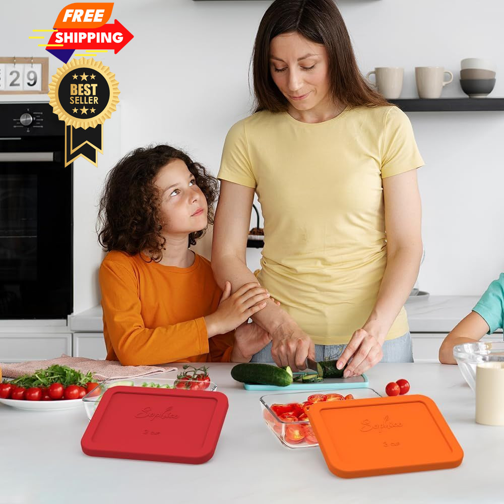 Sophico 3 Cup Rectangle Silicone Storage Cover Lids Replacement RED - 2 PACK