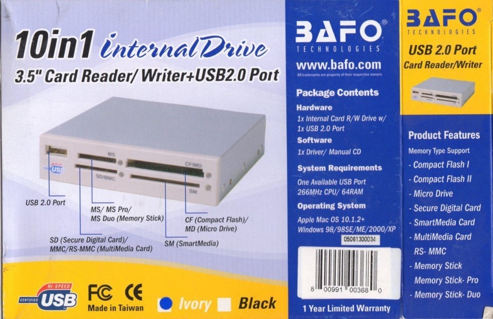 Bafo Internal 10in1 Card Reader, USB 2.0 - Ivory