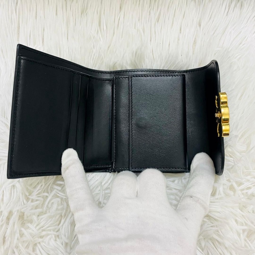 Celine Triomphe Leather Compact Wallet Black Gold