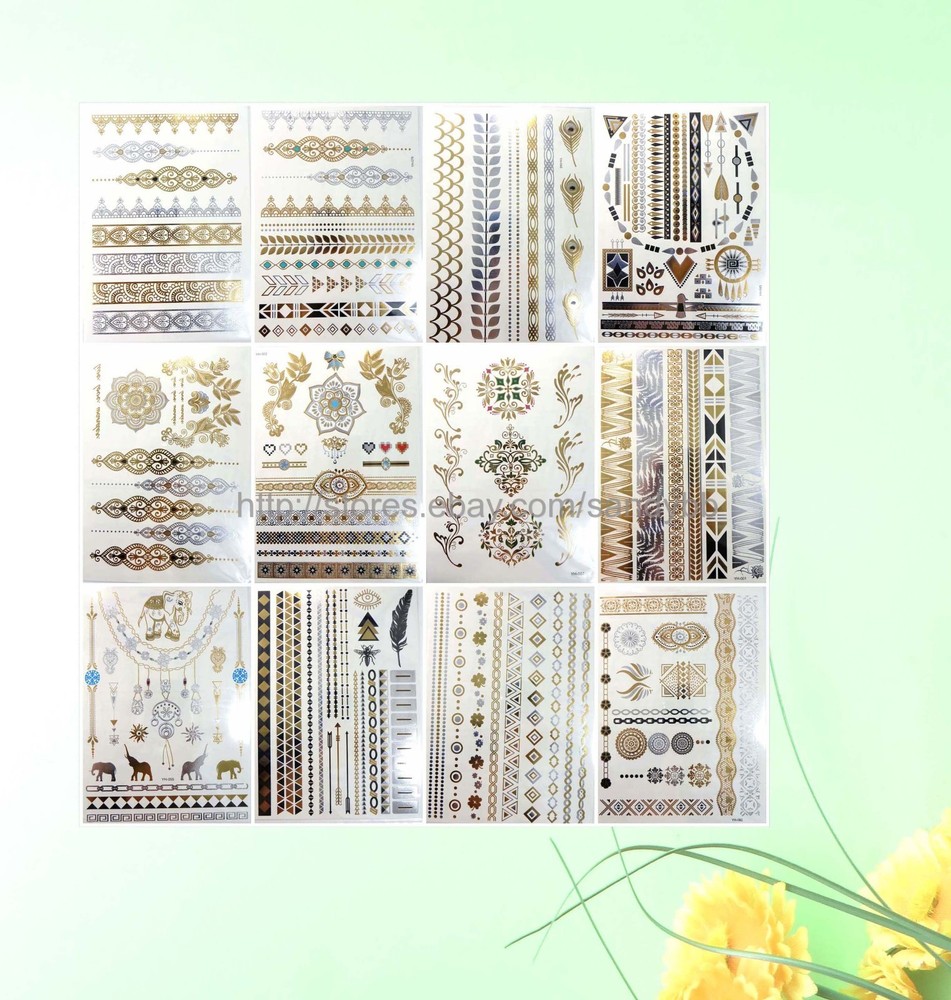 12 sheets gold silver metallic flash tattoo temporary tattoo