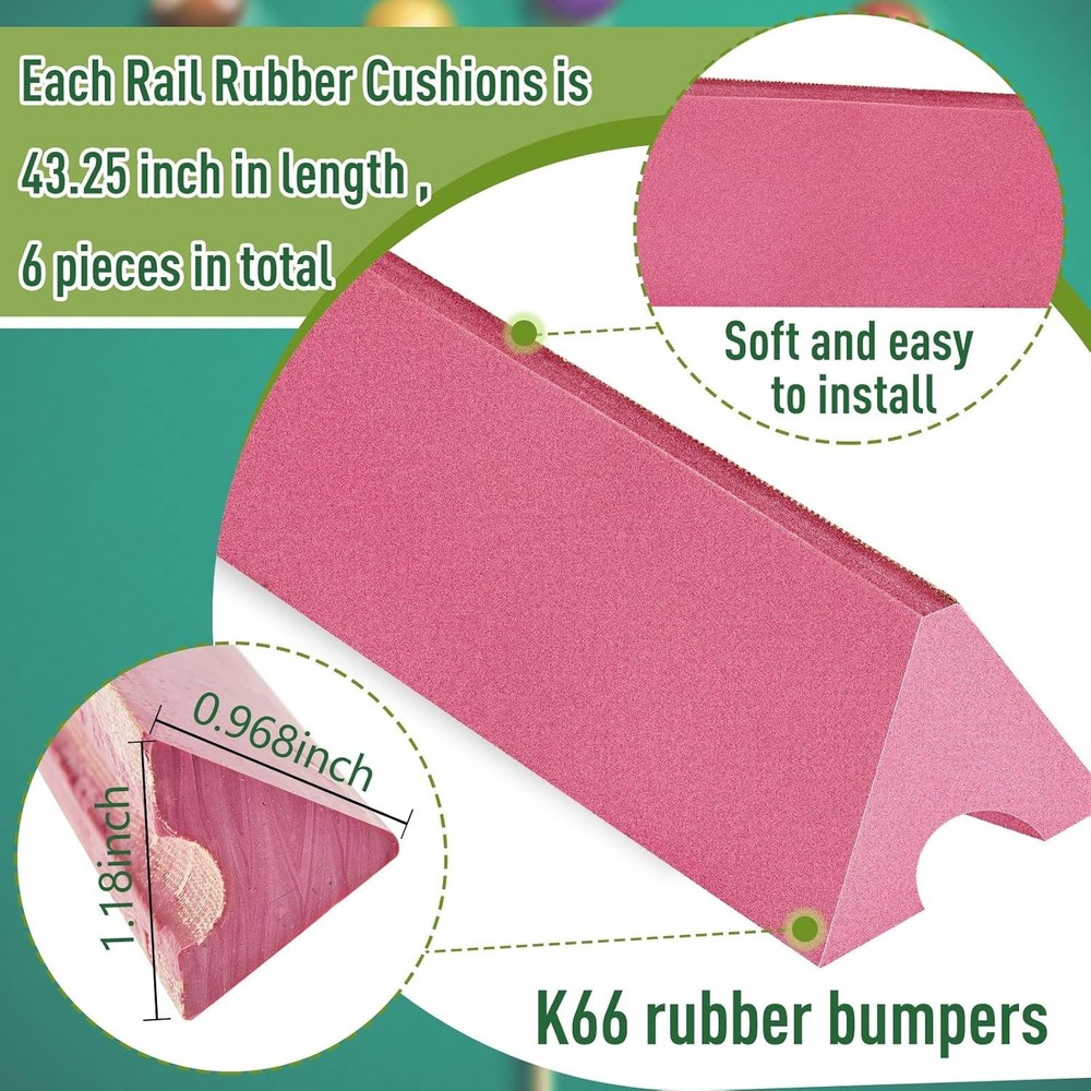 6 Pack K66 Rubber Bumpers Replacement Pool Table Billiard rail Cushions 8 Foot