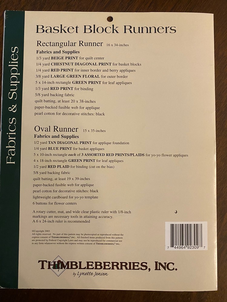 THIMBLEBERRIES BASKET BLOCK Table RUNNERS QUILT PATTERN BY LYNETTE JENSEN